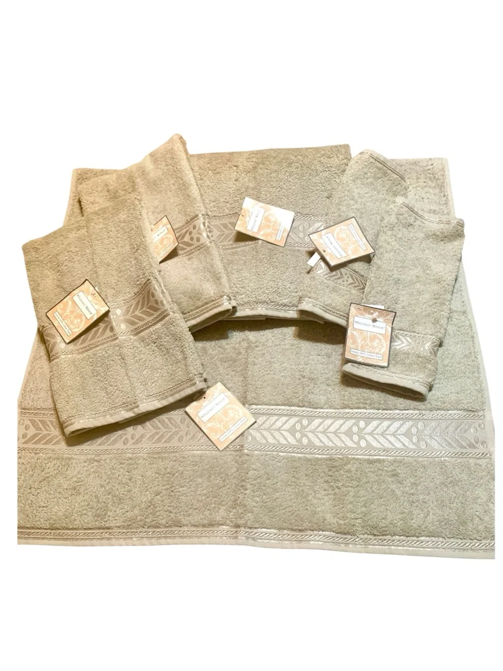 Wellesley Manor Luxury 100% Cotton Embellished Towels Taupe Tan 6-Piece Set NWT